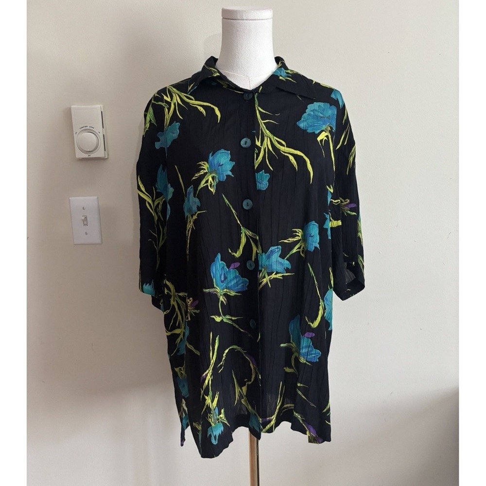 Vintage 90s Floral Button Up Shirt Womens Medium Black Green Tropical Beach